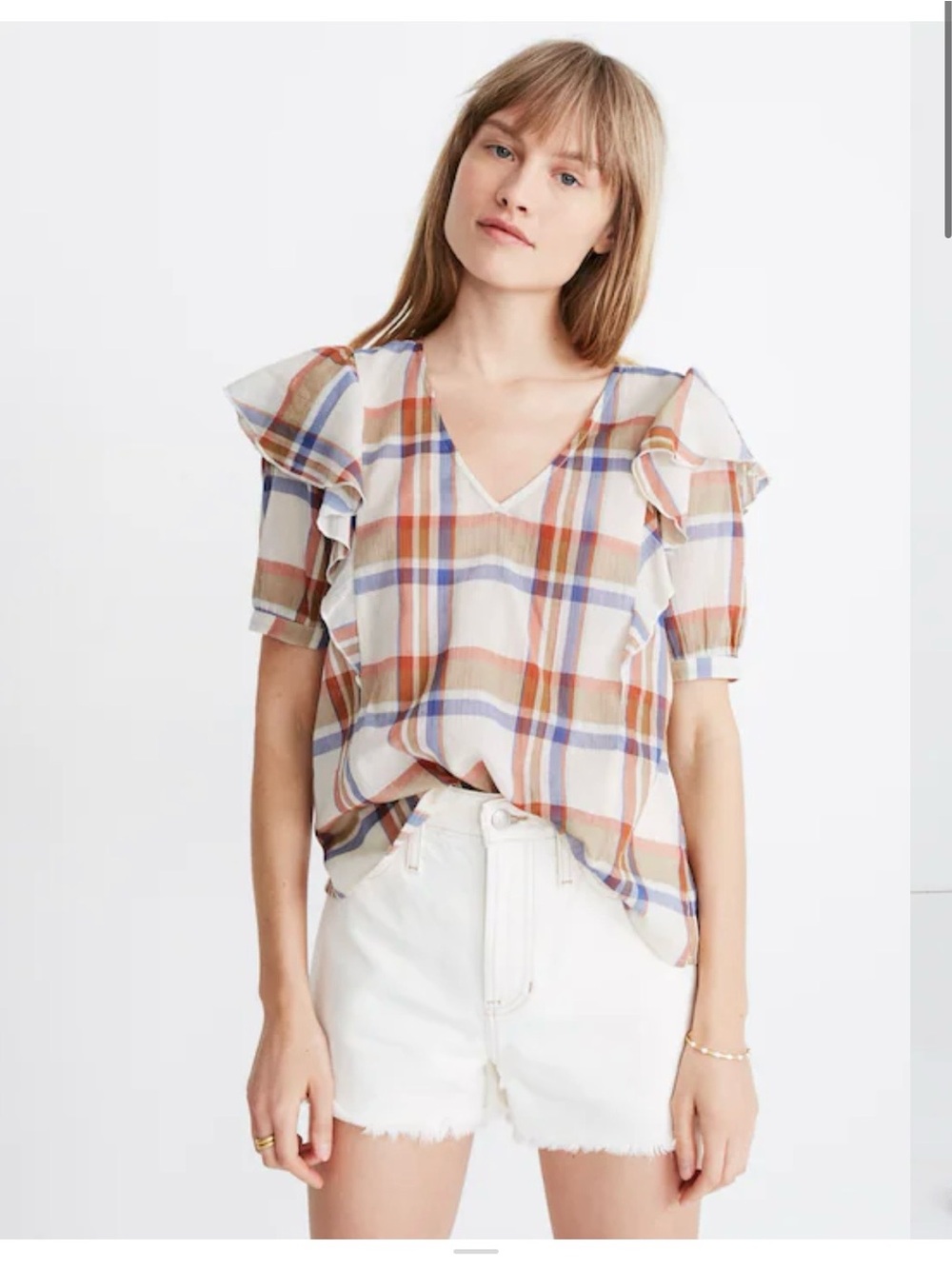 Madewell V-Neck Shoulder Ruffle Sleeve Top Plaid Cream Earthy Tones Blue Brown